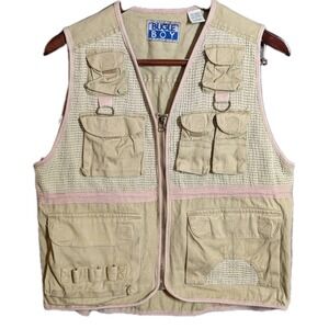 Vintage Bugle Boy Utility Fishing Vest L Tan Mesh Pockets Outdoors 90s Y2K